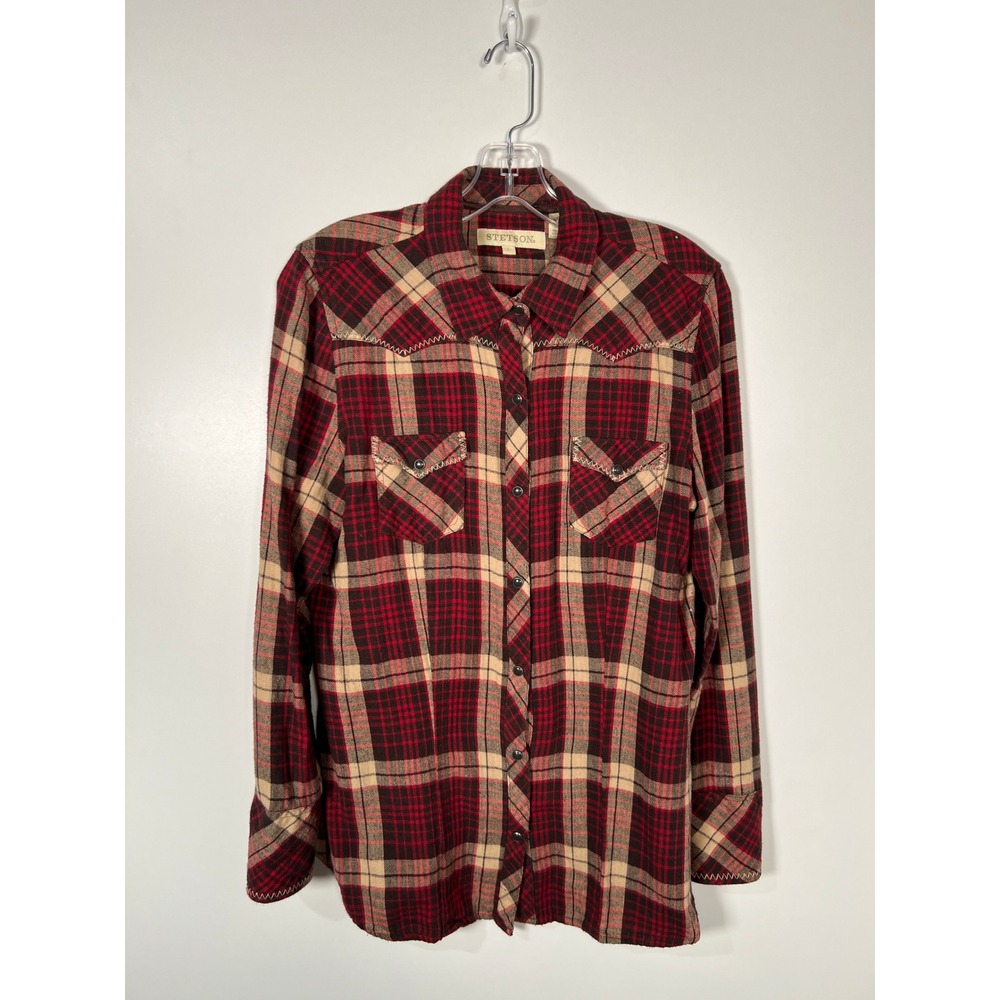 Stetson Red Plaid Western Snap Shirt Herringbone Cotton Cowgirl Long Sleeve Larg